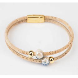 Armbnd i naturkork med bl keramik og gyldne perler