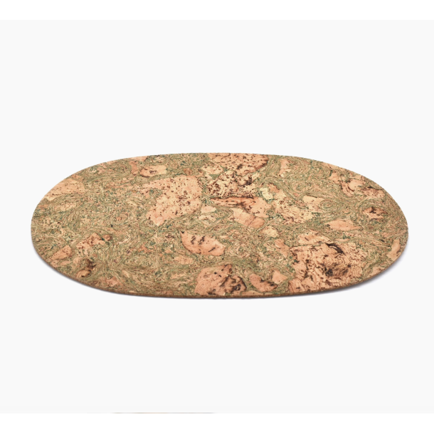 Dkkeserviet i kork, naturfarve med grnt mnster, aflang/oval