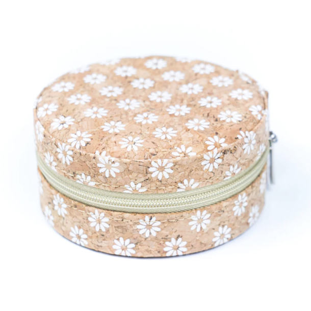 Smykkeskrin i kork med hvide blomster, rund
