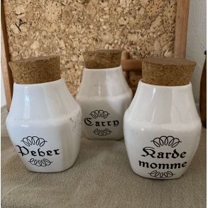 Retro tre hvide Sholm krydderikrukker