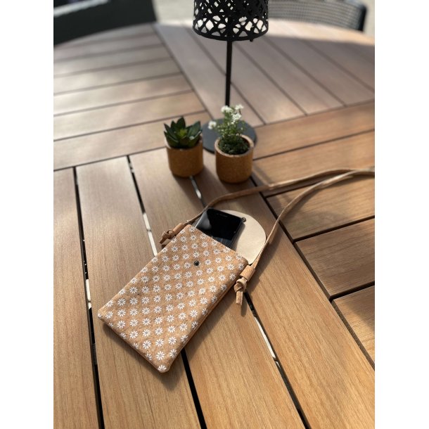 Mobiltaske i kork med hvidt blomstermnster