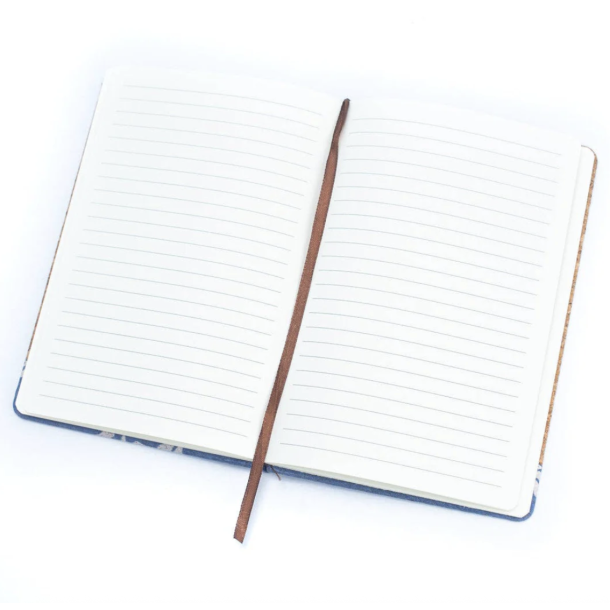 Notesbog i kork med mnster af solsikker