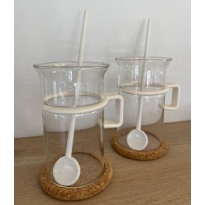 Retro Bodum glas med hvid hank, hvid ske og bordskner i kork, hje, 2 stk.