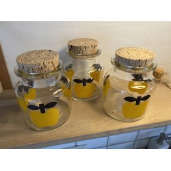 Retro krukker med gule bler og korklg, 3 stk.