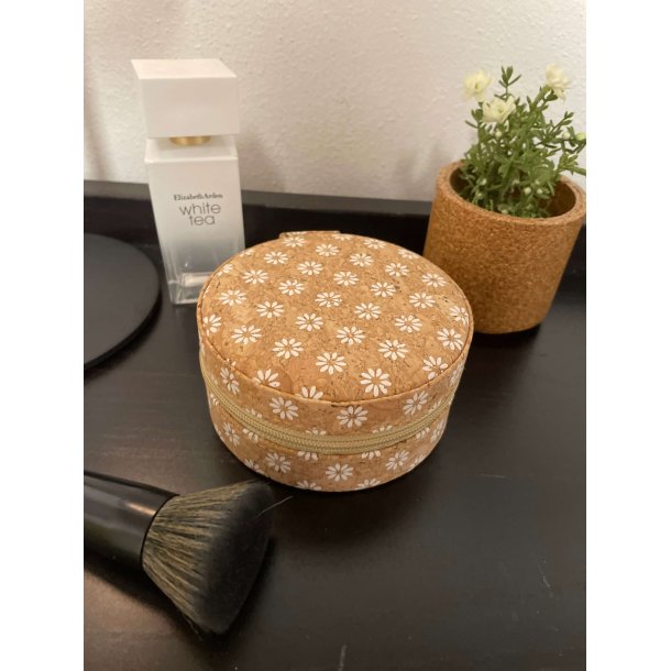 Smykkeskrin i kork med hvide blomster, rund