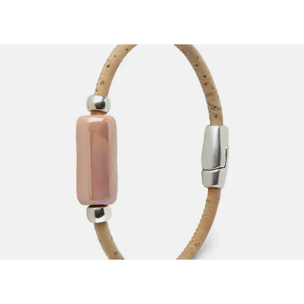 Armbnd i naturkork med pink keramikperle og slvperler