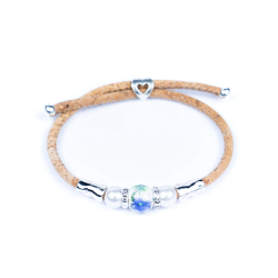 Armbnd i kork med bl og grn blomsterperle i keramik