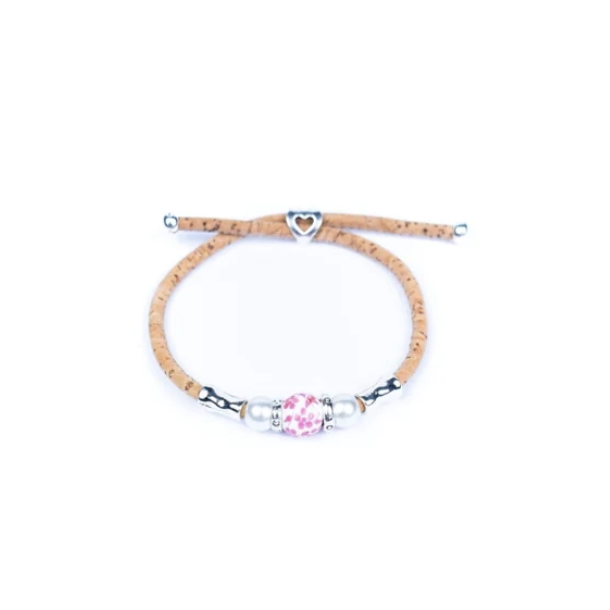 Armbnd i kork med pink blomsterperle i keramik