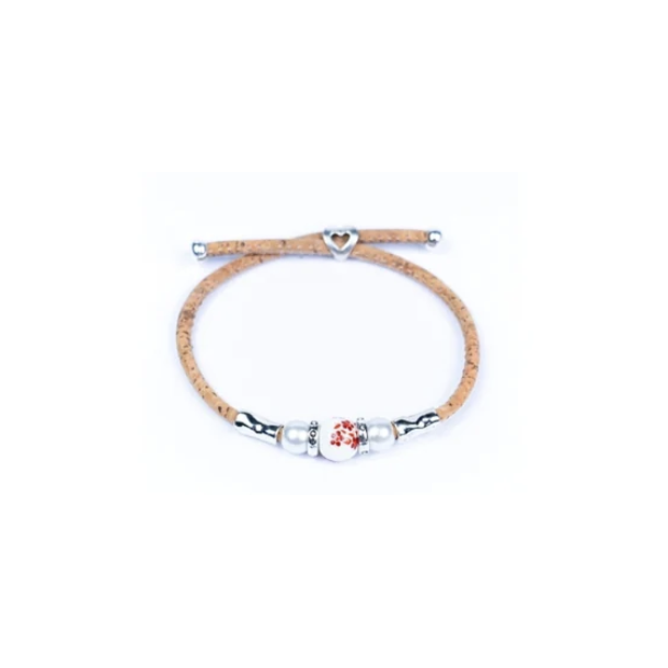 Armbnd i kork med rd blomsterperle i keramik