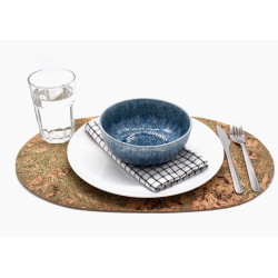 Dkkeserviet i kork, naturfarve med grnt mnster, aflang/oval