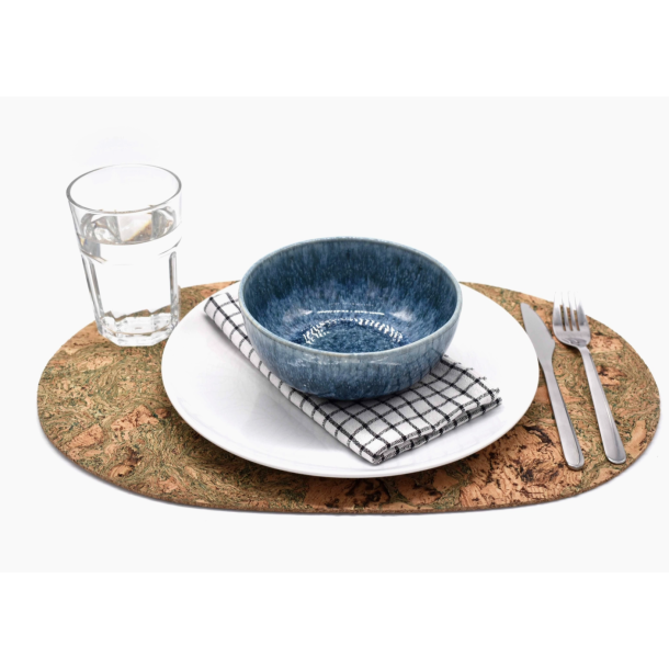 Dkkeserviet i kork, naturfarve med grnt mnster, aflang/oval