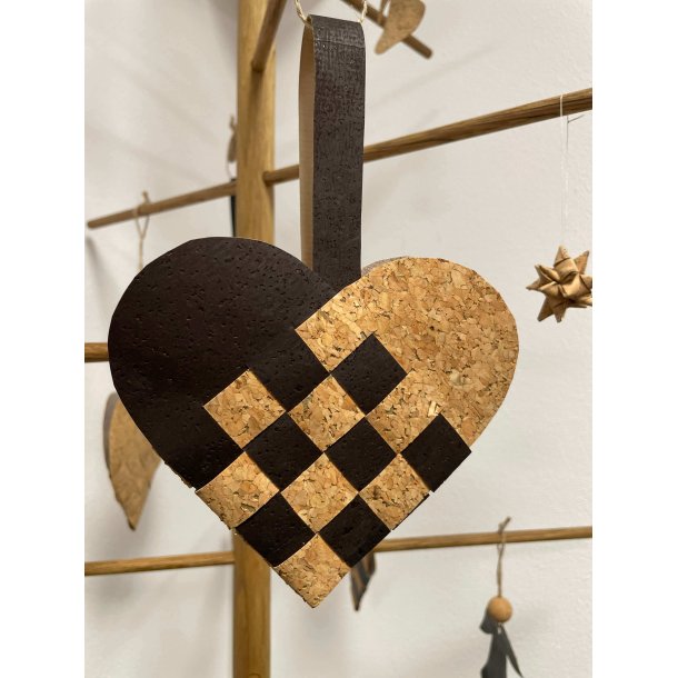 Eiki flettet julehjerte i kork, mrkebrun/natur