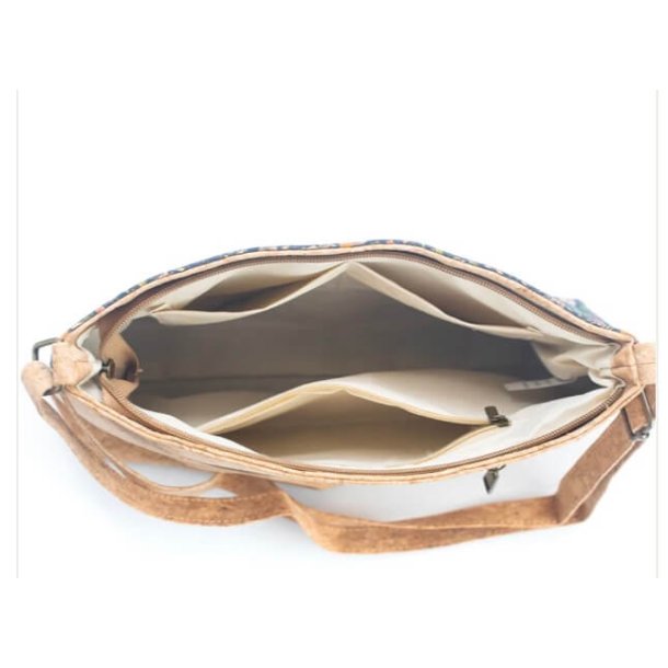 Taske i kork med grnligt blomstermotiv