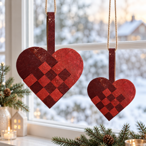 Eiki flettet julehjerte i kork, r�d/m�rker�d