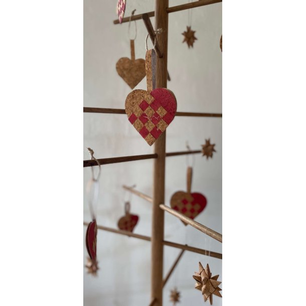 Eiki flettet julehjerte i kork, rd/natur