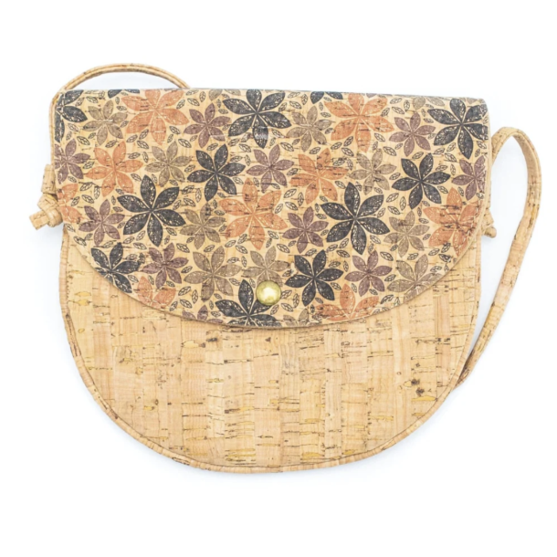 Lille buet taske i kork med m�nster i orange/lilla/bl� farver