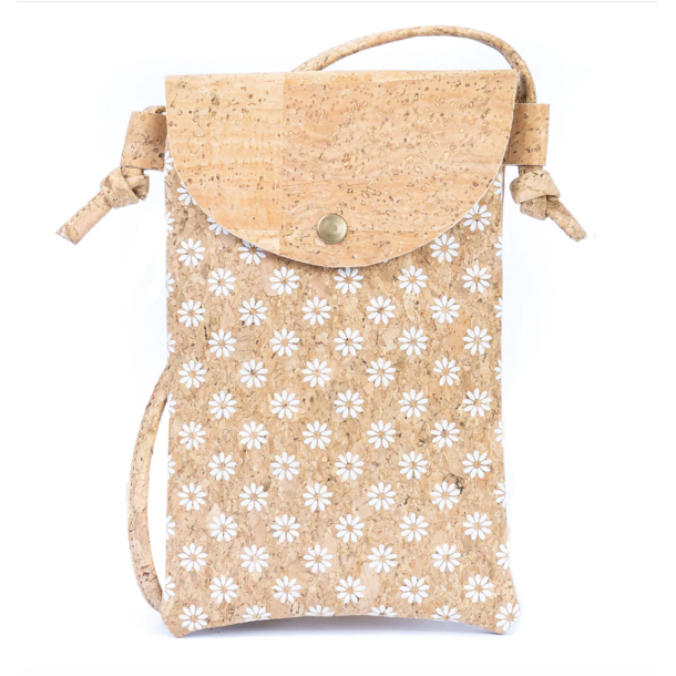 Mobiltaske i kork med hvidt blomstermnster