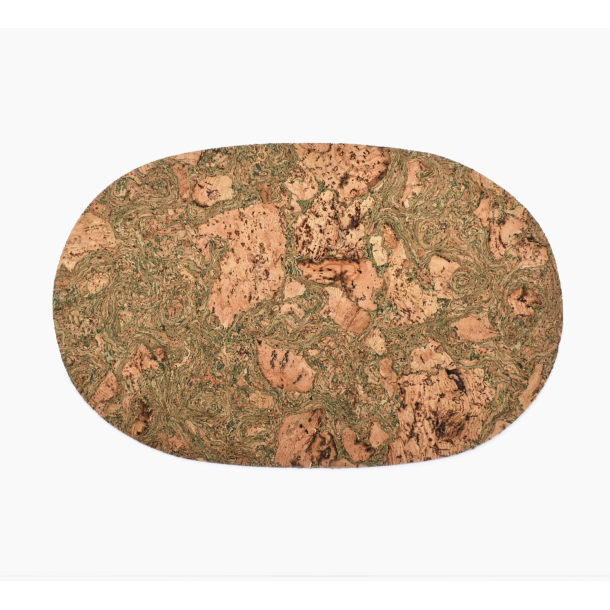 Dkkeserviet i kork, naturfarve med grnt mnster, aflang/oval