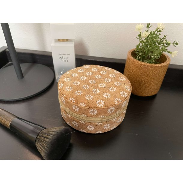 Smykkeskrin i kork med hvide blomster, rund