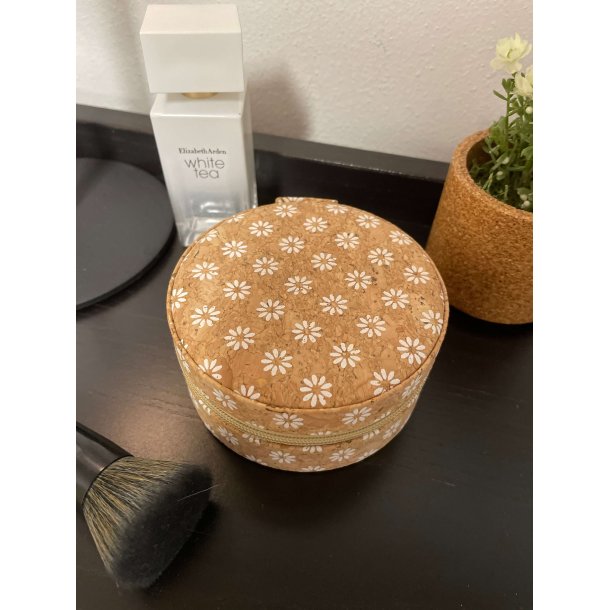 Smykkeskrin i kork med hvide blomster, rund