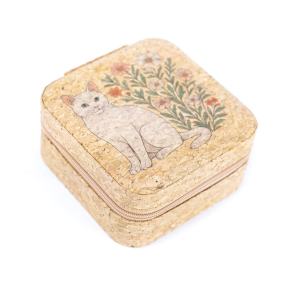 Smykkeskrin i natur kork med kattemotiv