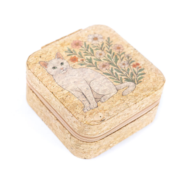 Smykkeskrin i natur kork med kattemotiv