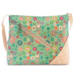 Taske i kork med grnligt blomstermotiv