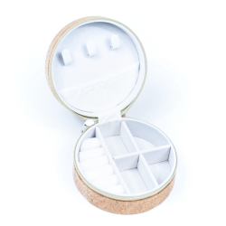 Smykkeskrin i kork med hvide blomster, rund