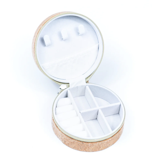 Smykkeskrin i kork med hvide blomster, rund