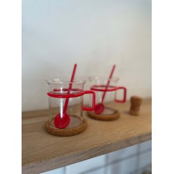 Retro Bodum glas med r�d hank, r�d ske og bordsk�ner i kork, 2 stk., lille version