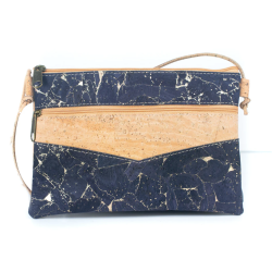 Lille taske i natur kork og m�rkebl�t kork med guldm�nster