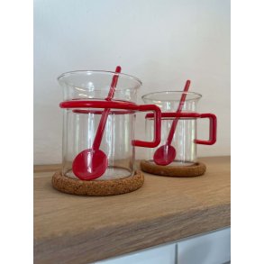 Retro Bodum glas med rd hank, rd ske og bordskner i kork, 2 stk., lille version
