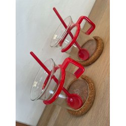 Retro Bodum glas med r�d hank, r�d ske og bordsk�ner i kork, 2 stk., lille version
