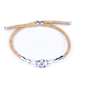 Armbnd i kork med lilla blomsterperle i keramik