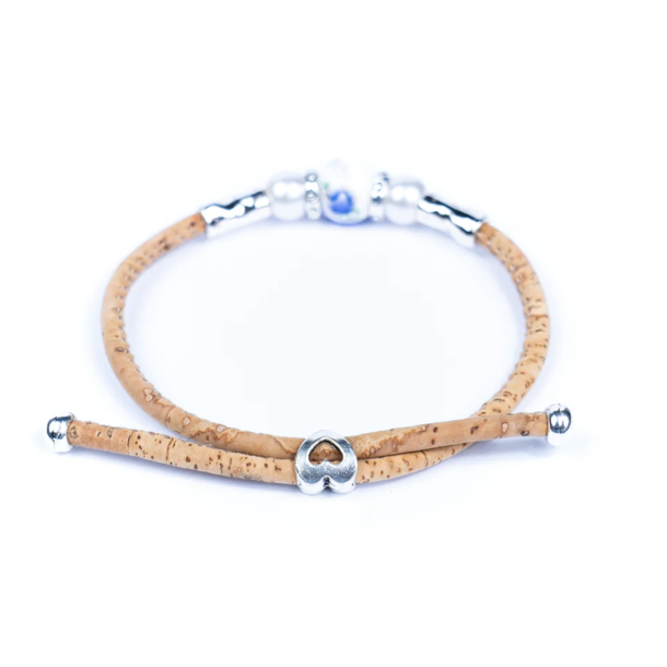 Armbnd i kork med bl og grn blomsterperle i keramik