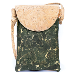 Mobiltaske i kork, natur/grn med guldmnster