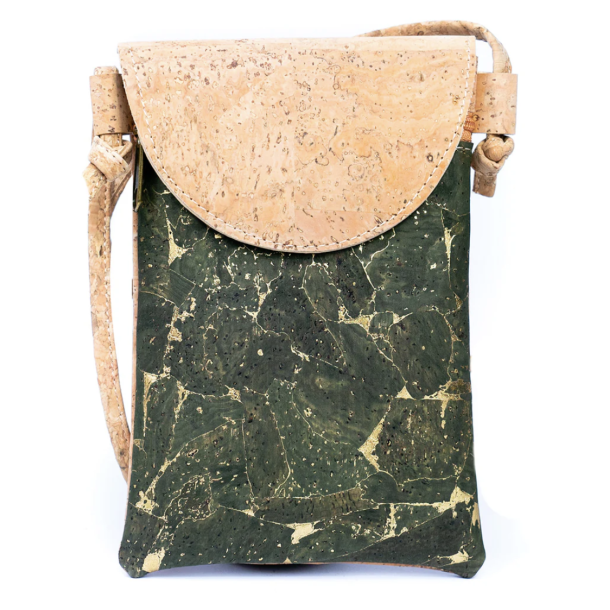 Mobiltaske i kork, natur/grn med guldmnster