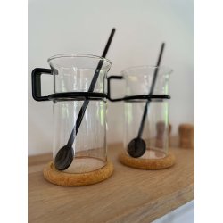 Retro Bodum glas med sort hank, sort ske og bordskner i kork, hje, 2 stk.