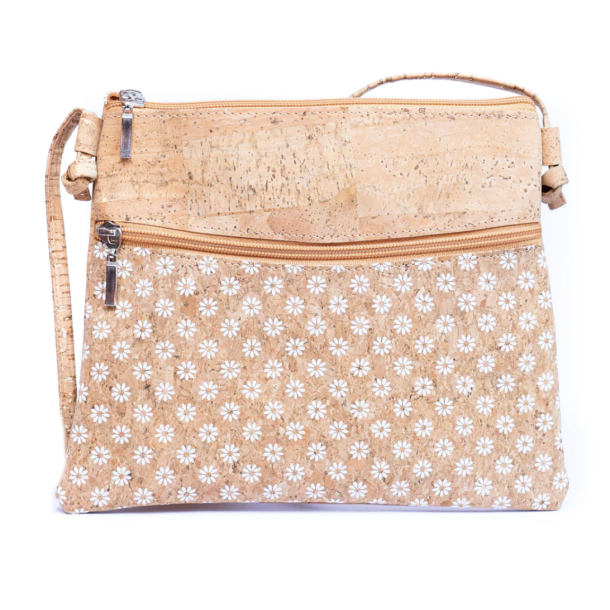 Taske i kork med hvidt blomsterm�nster