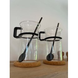 Retro Bodum glas med sort hank, sort ske og bordskner i kork, hje, 2 stk.